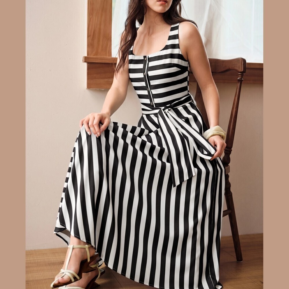 Black and White Striped Scoop Neck Button Front Belted Maxi Dress
